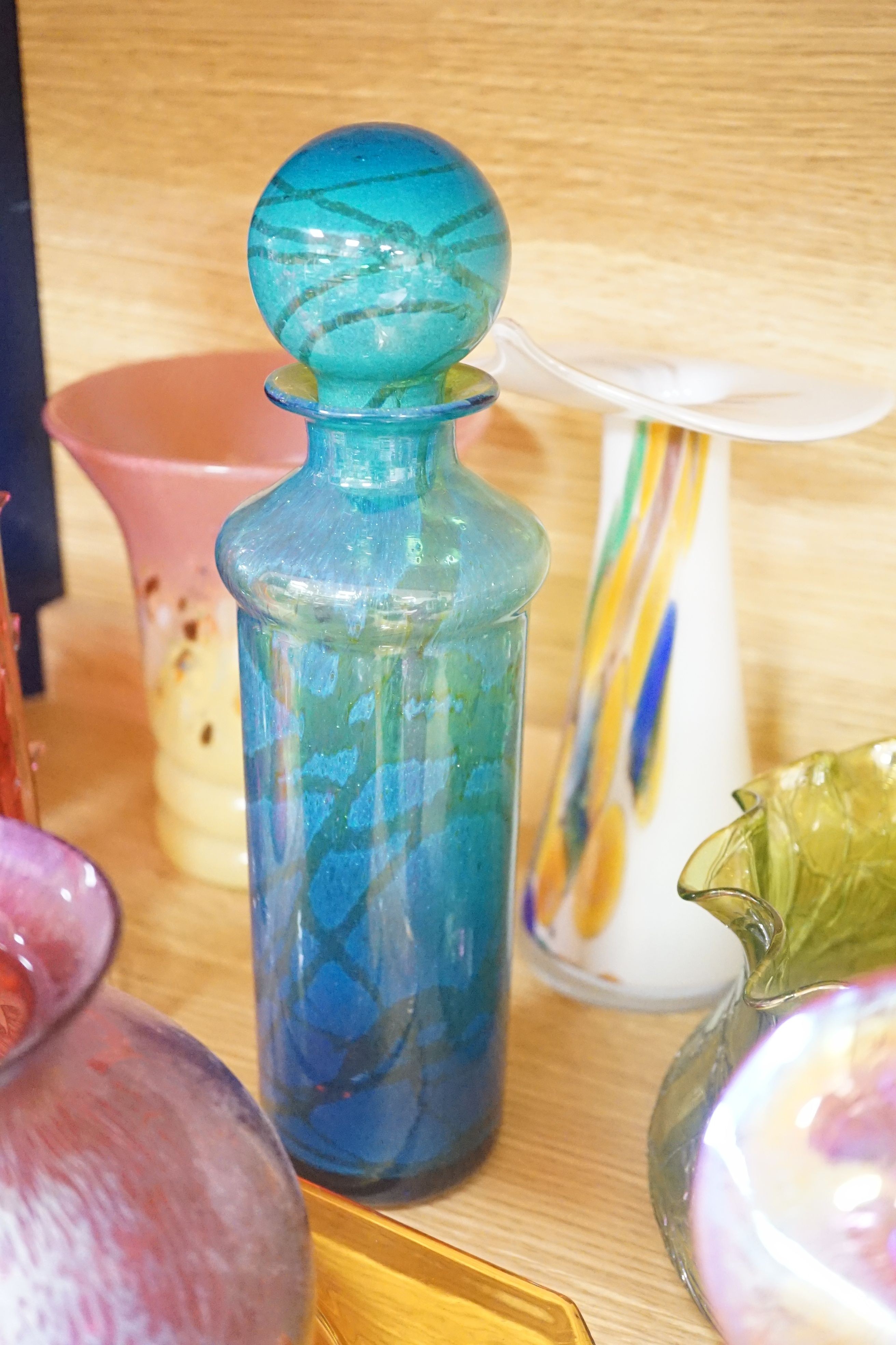 A group of coloured and lustre glass including Mdina, Rosenthal for Versace, Royal Brierley, Maltese glass etc.